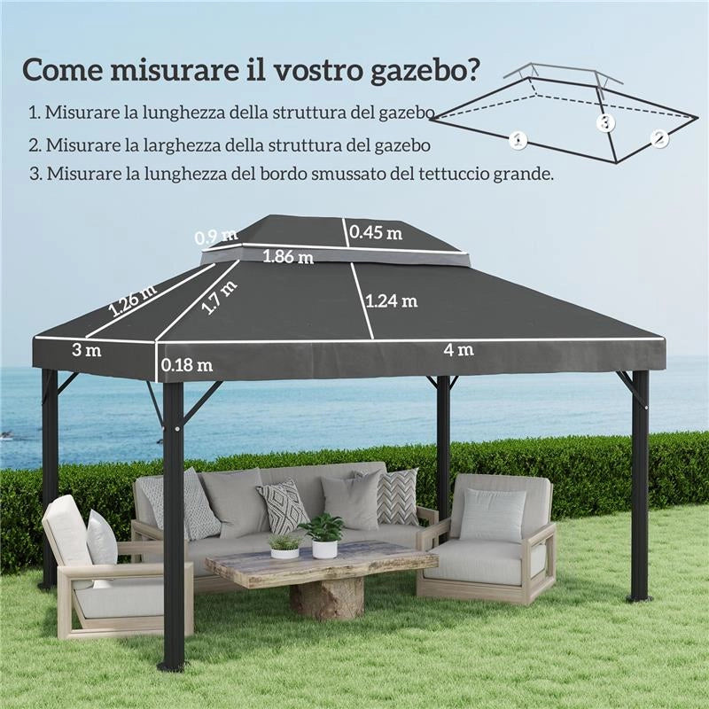 COPERTURA PER GAZEBO DA GIARDINO 3X4 M A 2 LIVELLI IN TESSUTO OXFORD 600D CON FORI DI DRENAGGIO, GRIGIO SCURO