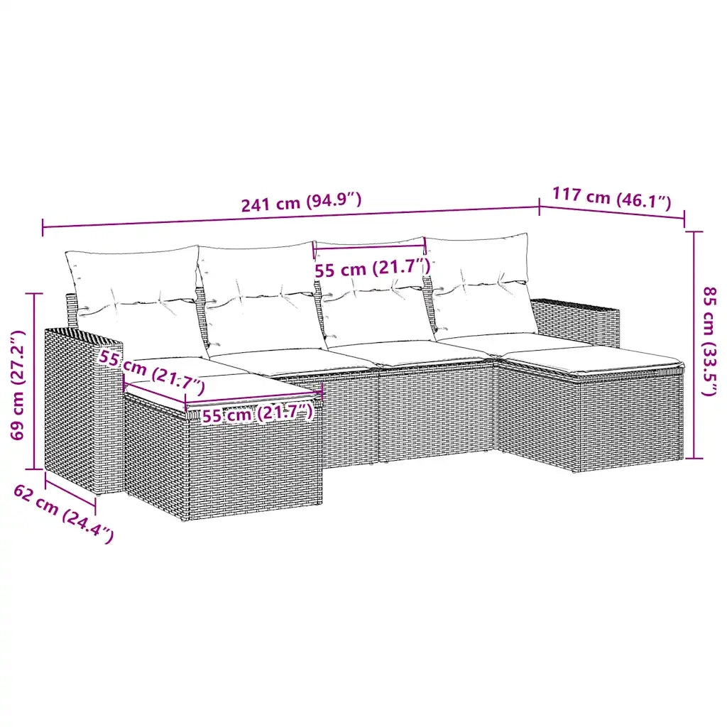 Set Divano da Giardino 6 pz | Set Salotto da Giardino con Cuscini Marrone in Polyrattan