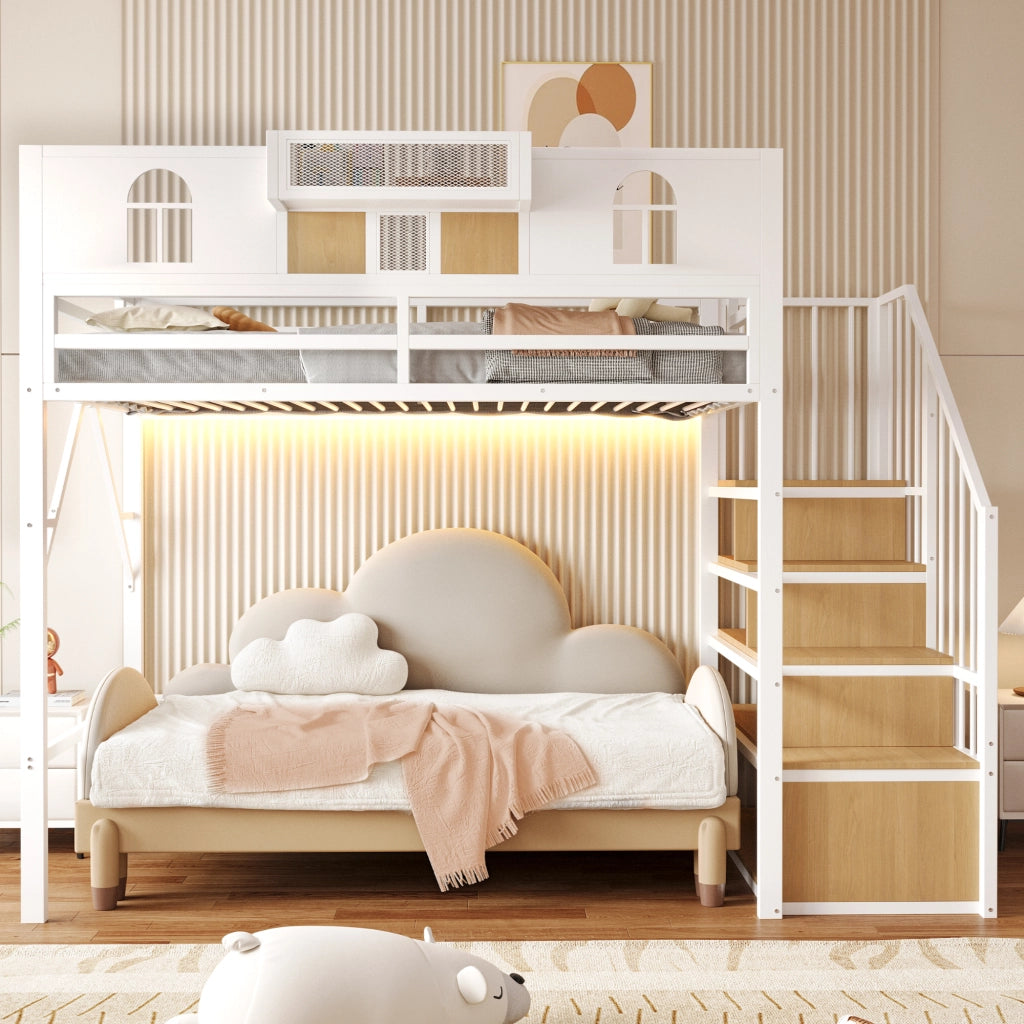 Letto a soppalco 90x200 cm con scala contenitore; finestra decorativa; mensola e LED; struttura in metallo bianco e legno