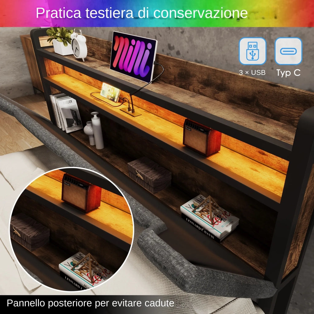 Letto matrimoniale imbottito 140x200 cm con LED; USB-C; testiera contenitore; 2 cassetti e rete; grigio