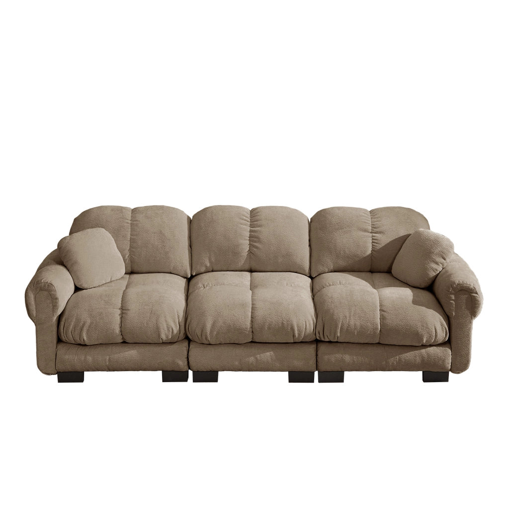 Divano 3 posti in Chenille marrone con cuscini decorativi e design trapuntato
