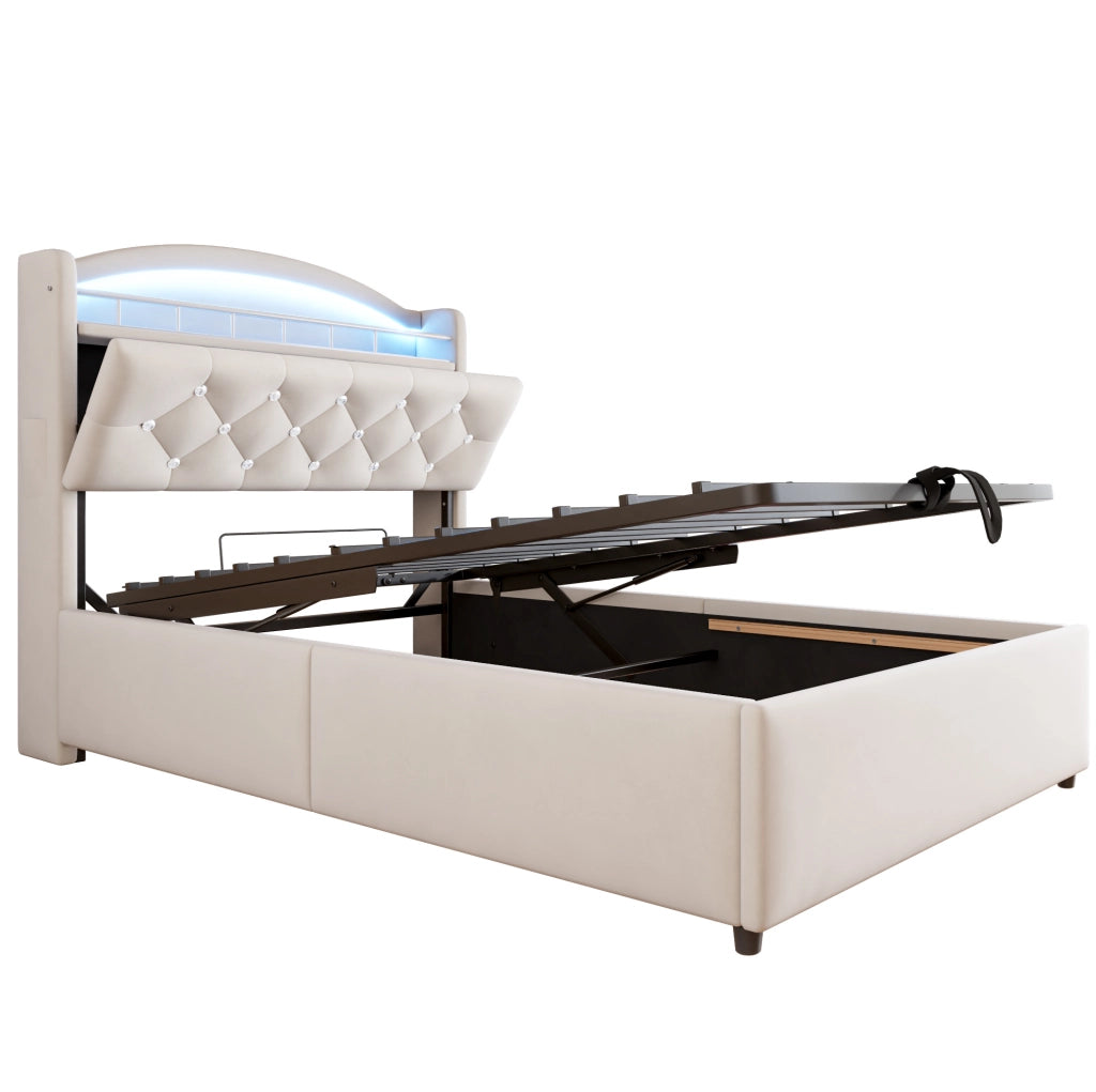Letto Singolo Imbottito per Bambini 90x200 cm con Contenitore, LED e USB, Rivestimento in Velluto Beige