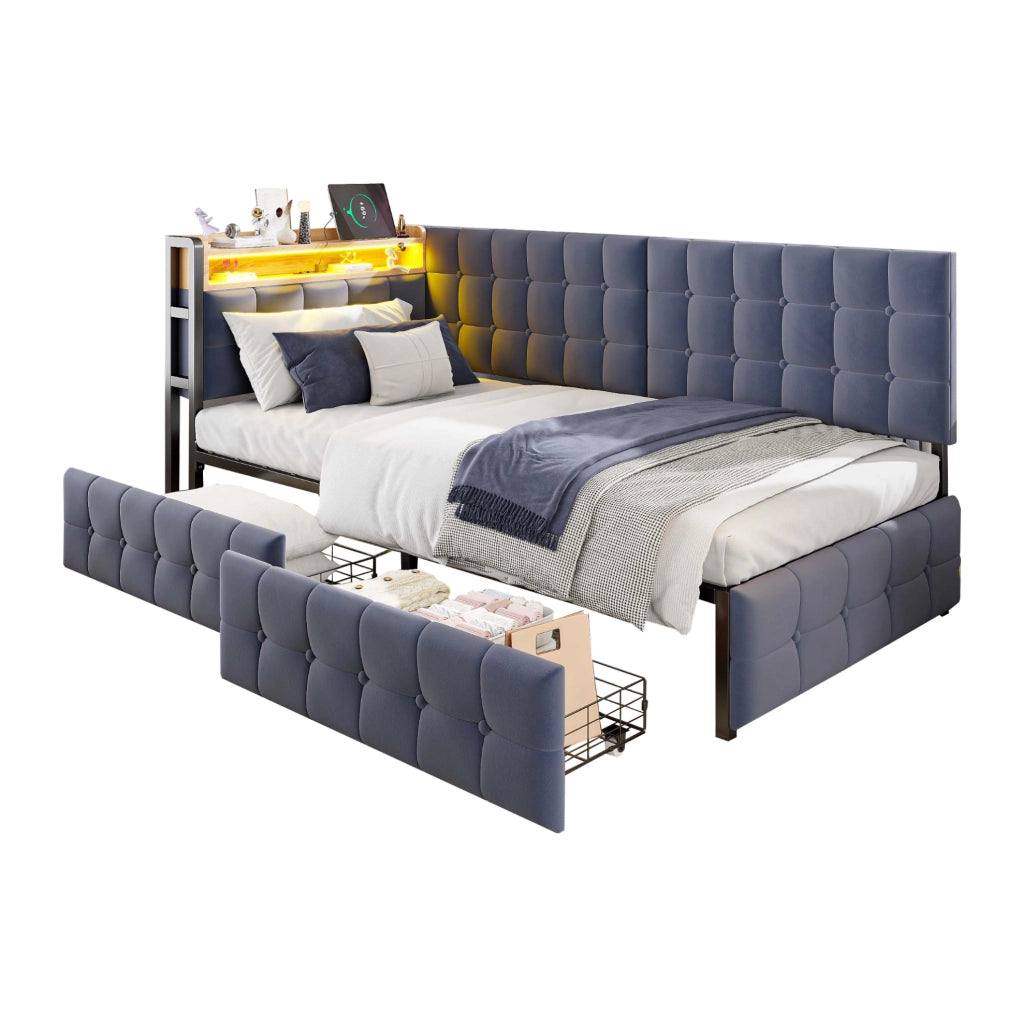 Divano letto imbottito 90x200 con LED, 2 cassetti e presa USB/Type-C
