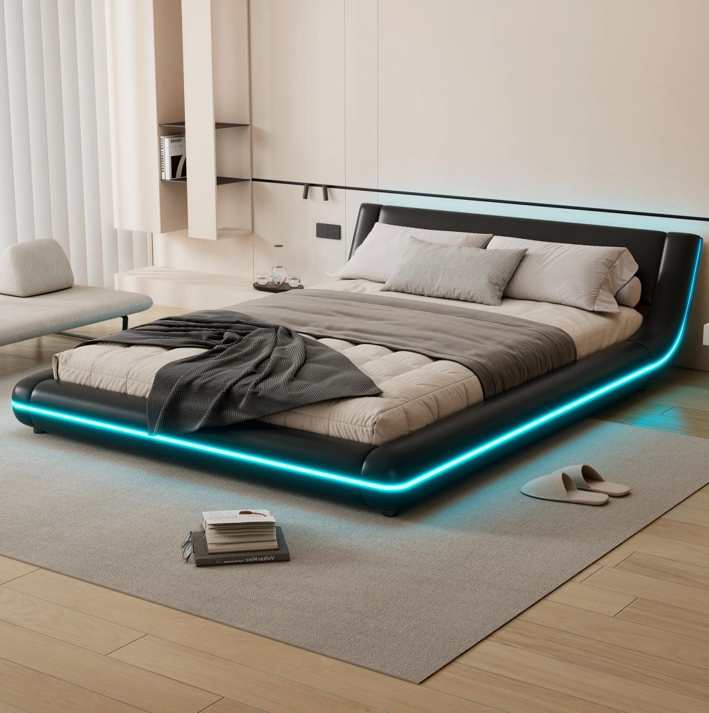 Letto a pavimento 140x200 cm con LED; PU e MDF nero