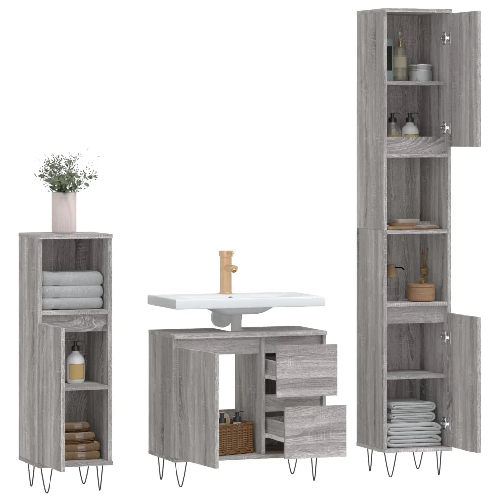 Set Mobili da Bagno 3 pz Grigio Sonoma in Legno Multistrato 3190227