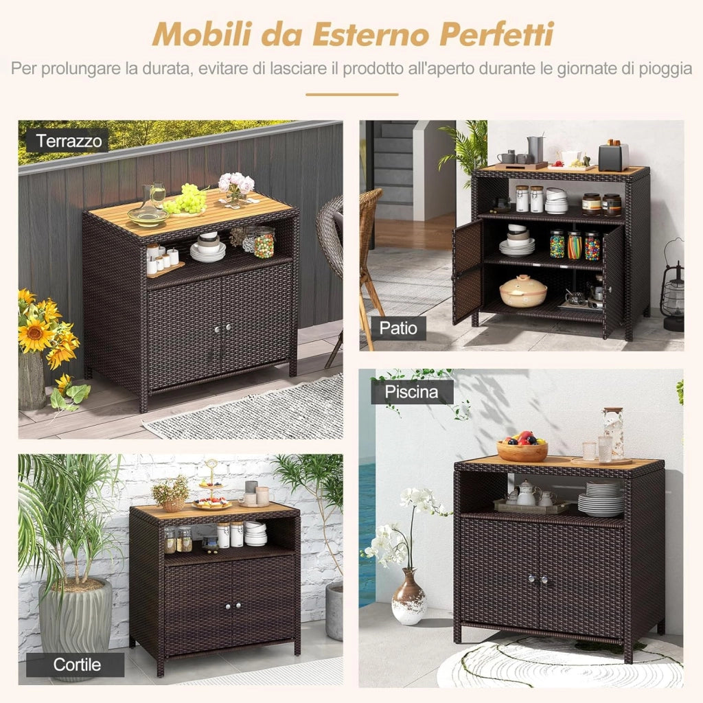 Armadietto Portaoggetti in Rattan, Mobile Buffet per Esterni in Legno di Acacia, Con Compartimento Aperto e Armadio Chiuso a 2 Ante, per Piscina, Terrazza e Patio, 90 x 53 x 86 cm (Marrone)