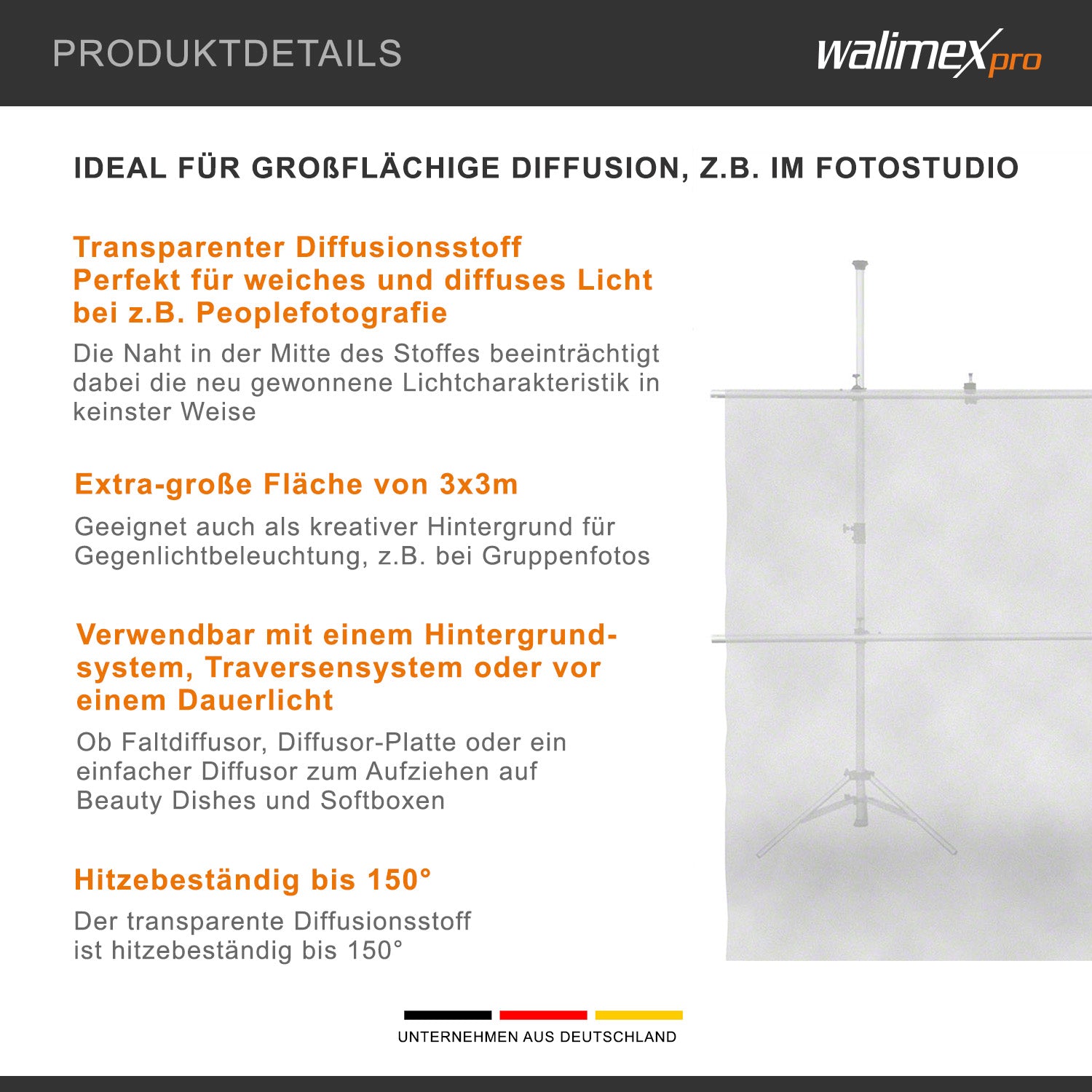 Walimex Stoffa Diffusor 3 x 3 m, sagomatore di luce trasparente per una luce morbida e diffusa, resistente al calore, utilizzabile come sfondo fotografico, ideale per studi
