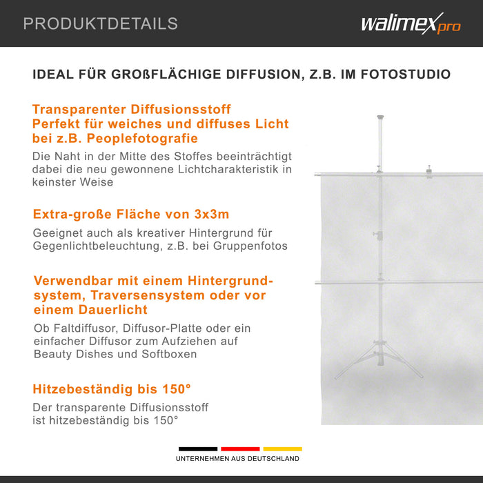 Walimex Stoffa Diffusor 3 x 3 m, sagomatore di luce trasparente per una luce morbida e diffusa, resistente al calore, utilizzabile come sfondo fotografico, ideale per studi