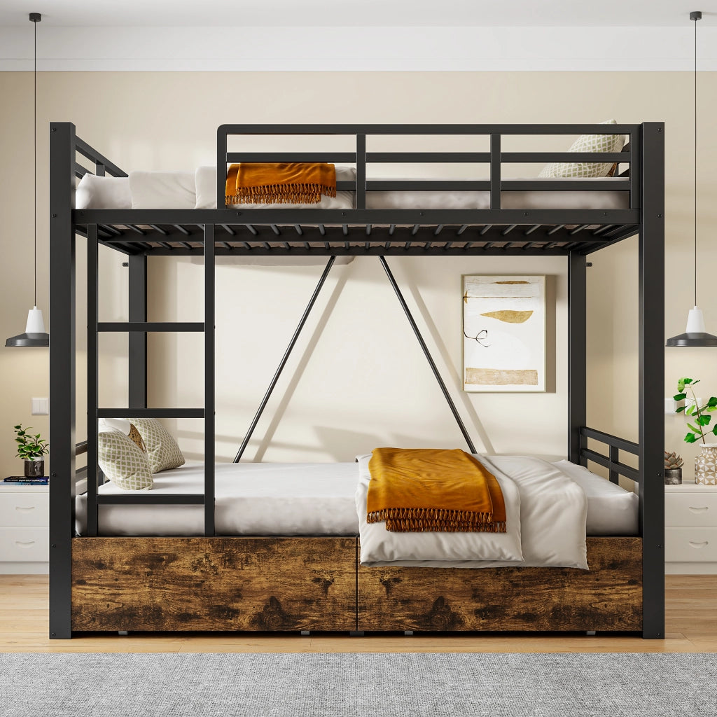 Letto a castello matrimoniale 140 × 200 cm con cassetti, scala e barriere di sicurezza, senza materasso, nero