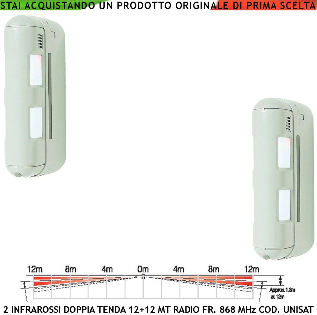 Rilevatore di Movimento 2 Pezzi Doppio Sensore Infrarosso a Tenda da Esterno 12+12 Metri Lineari IP55 Frequenza 868 MHz Bidirezionale Codice UNISAT Protezione Ponteggi Pareti Porticati Anti Jamming