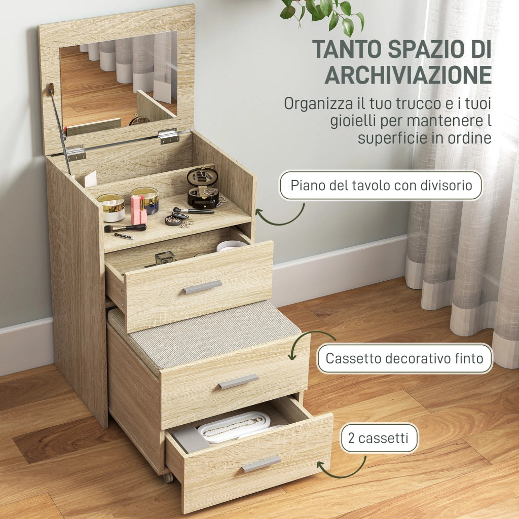 Tavolo Trucco Toeletta 50x40x113,5 cm con Specchio a Ribalta e Sgabello a Scomparsa in Legno Naturale