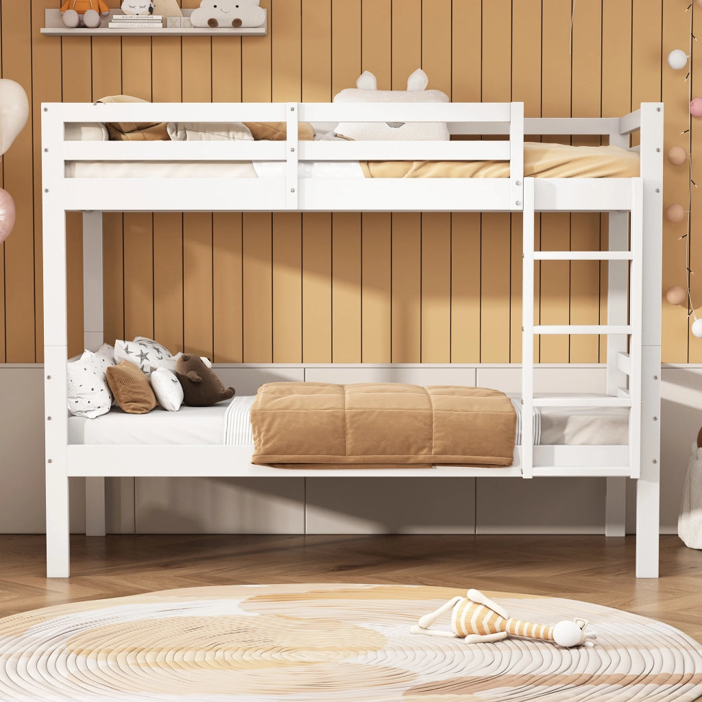 OKWISH Letto a Castello 90×200 cm, Letto Singolo 2 Posti con Scala ad Angolo, Sponda di Sicurezza e Separabile, senza Materasso, Bianco