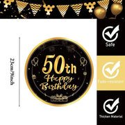 Decorazione da tavola per feste - Tavoliere di carta "50° compleanno", 23 cm, nero / dorato, 16 pezzi, banchetti da festa "Buon compleanno 50°