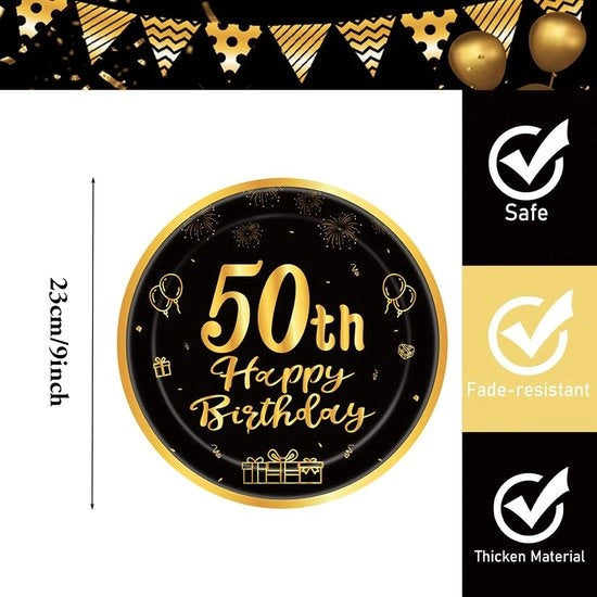 Decorazione da tavola per feste - Tavoliere di carta "50° compleanno", 23 cm, nero / dorato, 16 pezzi, banchetti da festa "Buon compleanno 50°