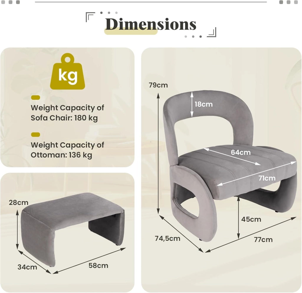 Poltrona con Pouf, Set Poltrona e Poggiapiedi in Velluto con Schienale Curvo, Seduta Imbottita in Spugna, Piedini Antiscivolo, Design Salvaspazio per Soggiorno, Camera da Letto, Grigio