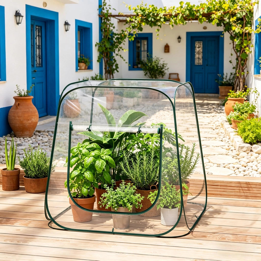 Semenzaio da giardino pop up con apertura a cerniera a U e ventilazione in PVC e metallo trasparente 100 × 100 × 97 cm