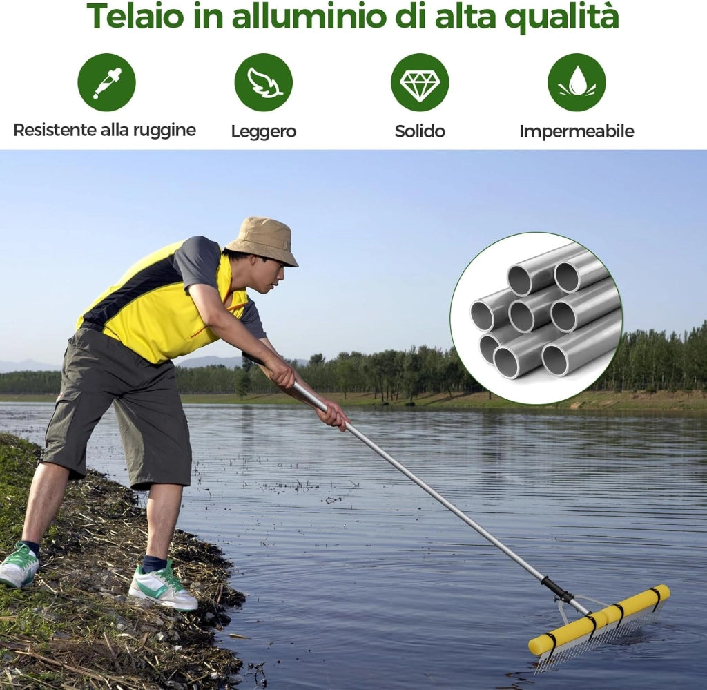Rastrello da Lago in Alluminio, Rastrello da Giardino 36 Denti con Testa del Rastrello 92 cm, Manico Telescopico Regolabile e 600 cm Corda da Lancio per Ambienti Terra/Acqua, 230 x 92 cm