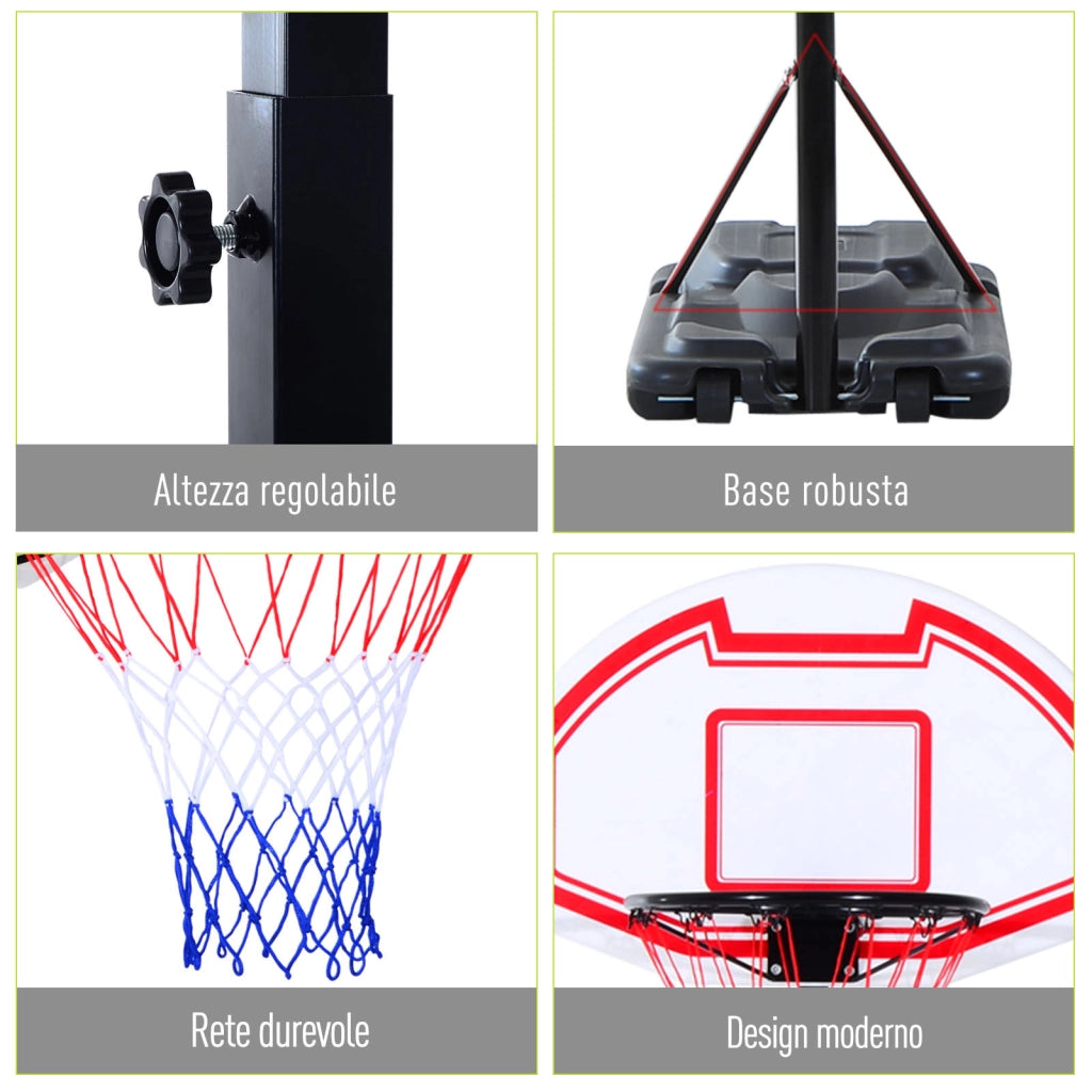 EasyComfort Canestro da Basket da Esterno con Supporto e Altezza Regolabile in Acciaio, 73x49x194-249 cm