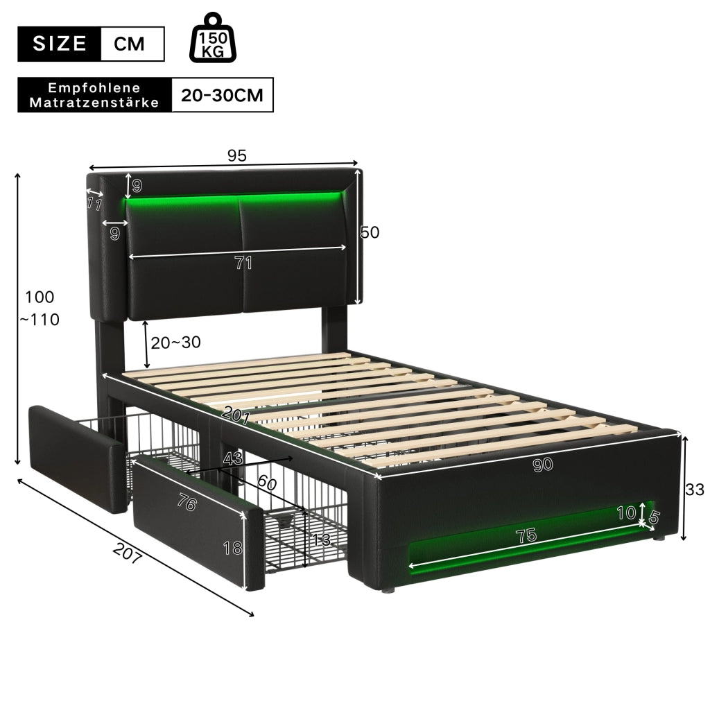 Letto imbottito 90x200 cm in PU nero con USB; LED e 4 cassetti