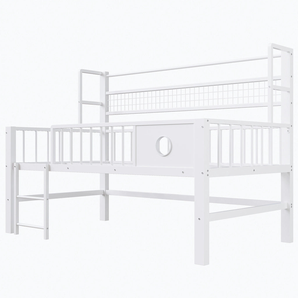 Letto a soppalco basso per bambini 90x200 cm in metallo con sponde di sicurezza e contenimento