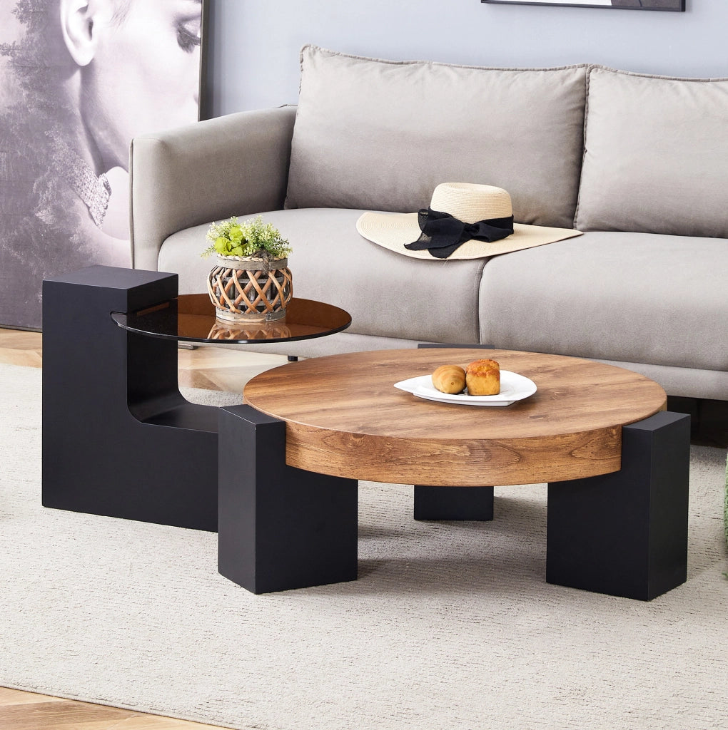 Set 2 tavolini rotondi in MDF e vetro, nero effetto legno