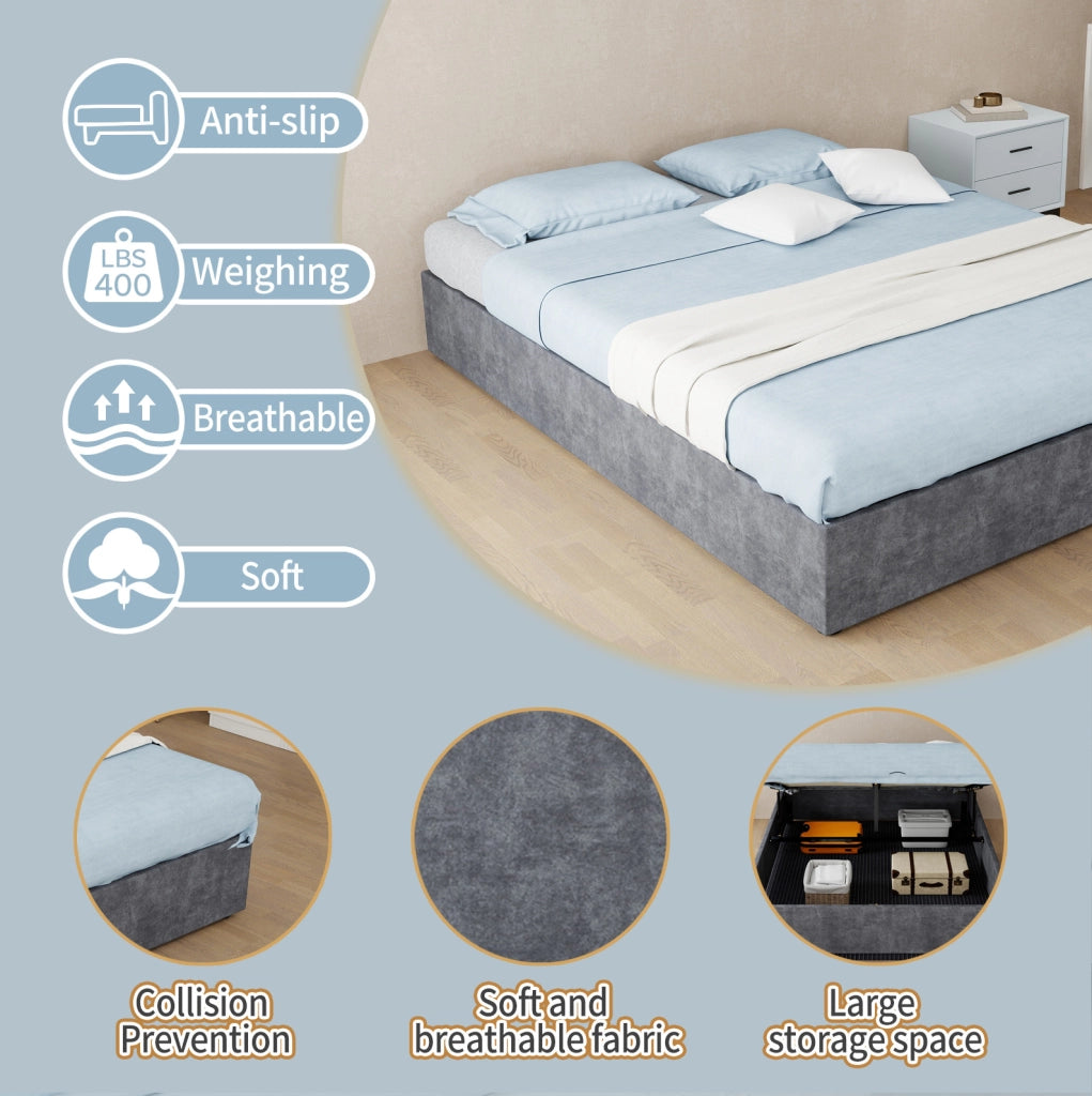 Letto imbottito 140 x 200 cm con contenitore a sollevamento pneumatico; grigio