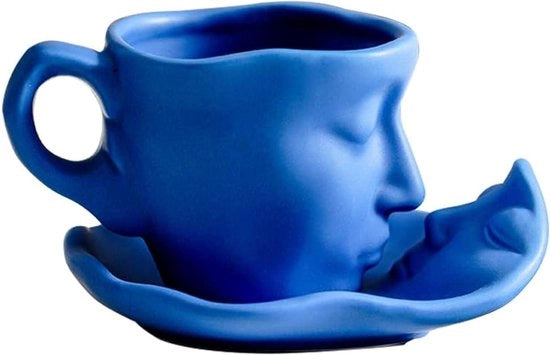 Set di tazza e piatto ceramici - Pari di tazze con faccia umana - Blu - Regalo creativo - Amici - 260ml
