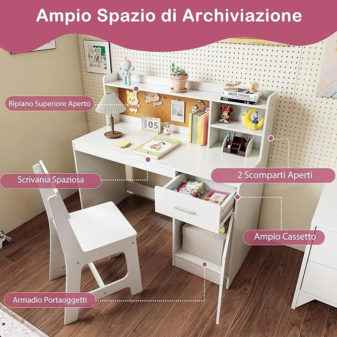 Set Scrivania e Sedia per Bambini 3+ Anni, Tavolo da Scrittura in Legno con Mensole, Cassetto e Bacheca in Sughero, Tavolo e Sedia per Disegno e Studio (Bianco)