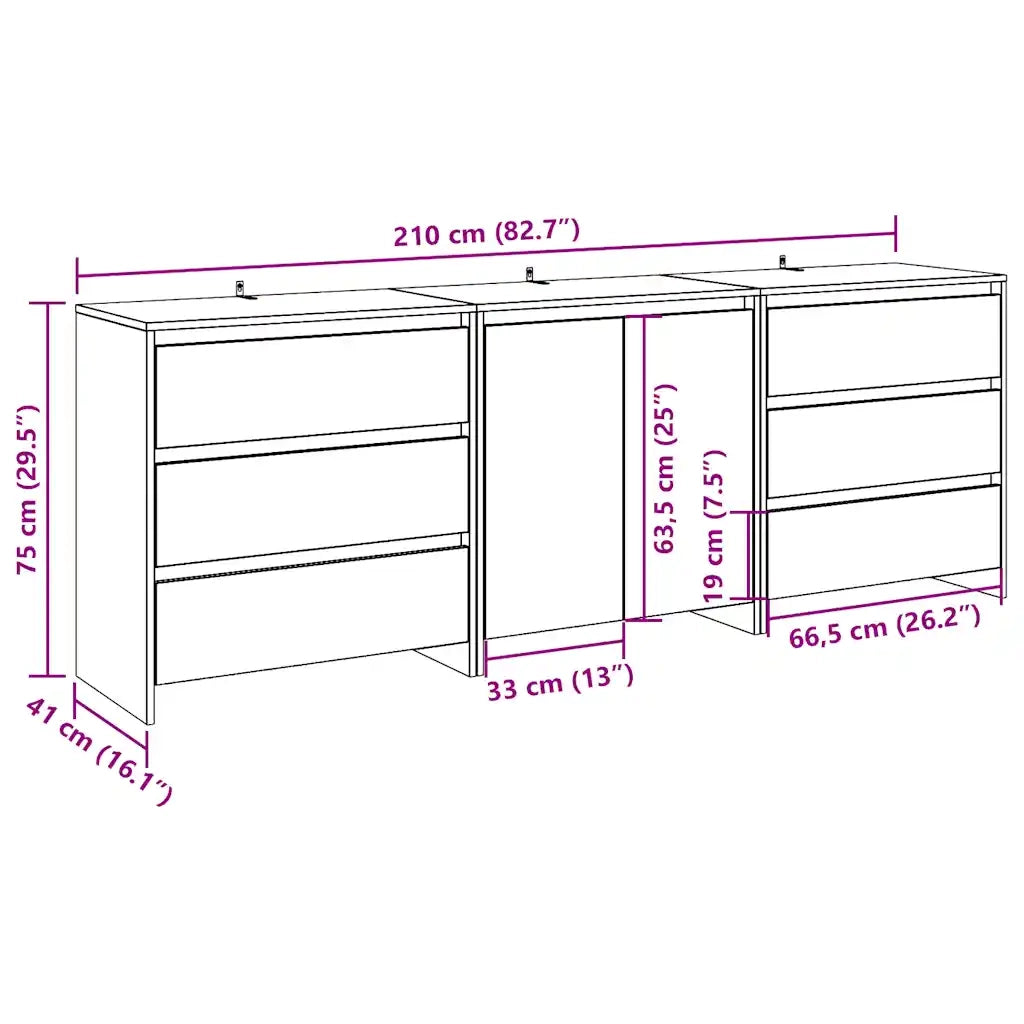 Credenza 3 pz-Set di 3 Buffet-Armadio da cucina Rovere Artigianale in Legno Multistrato