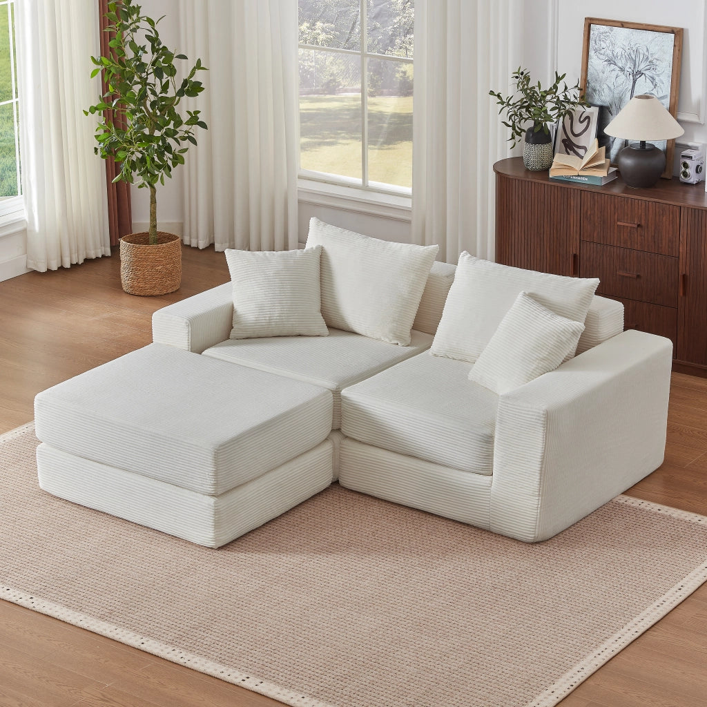 Divano modulare convertibile a 2 posti con schienale e braccioli ampi in velluto a coste bianco 259,5 × 96 × 80 cm