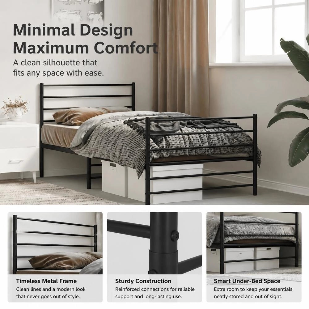 Bed Frame With Headboard And Footboard, Metal, Black, 90x200 Cm