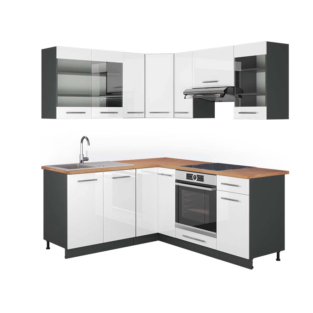 Cucina angolare completa Fame-Line Bianco lucido/Antracite 190 x 60 cm, PL Rovere Vicco