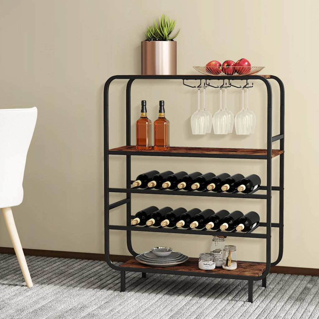 Portabottiglie per vino da 16 bottiglie con portacalici-Scaffale da pavimento a 5 ripiani stile industriale metallo per cucina home bar