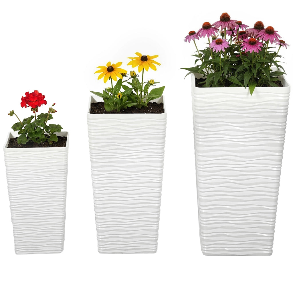 Set 3 Vasi da Esterno Impilabili con Motivo Ondulato in Plastica, 42/55/65 cm, Bianco