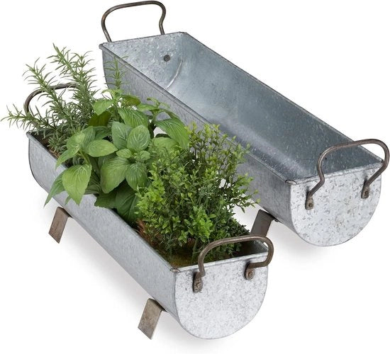 Set di 2 vaschetti in acciaio vintage per giardino e interni, argento
