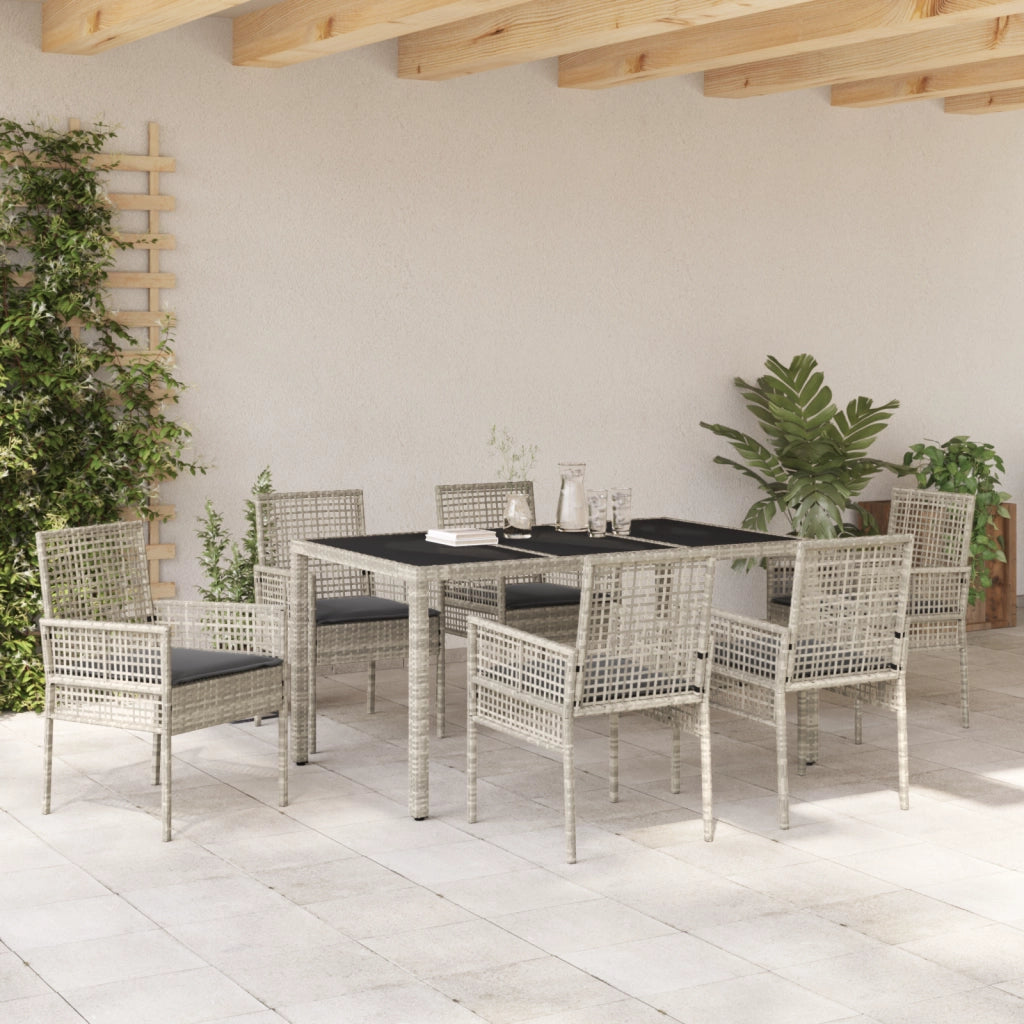 Set da pranzo da giardino 7 pezzi con cuscini grigio chiaro in polyrattan