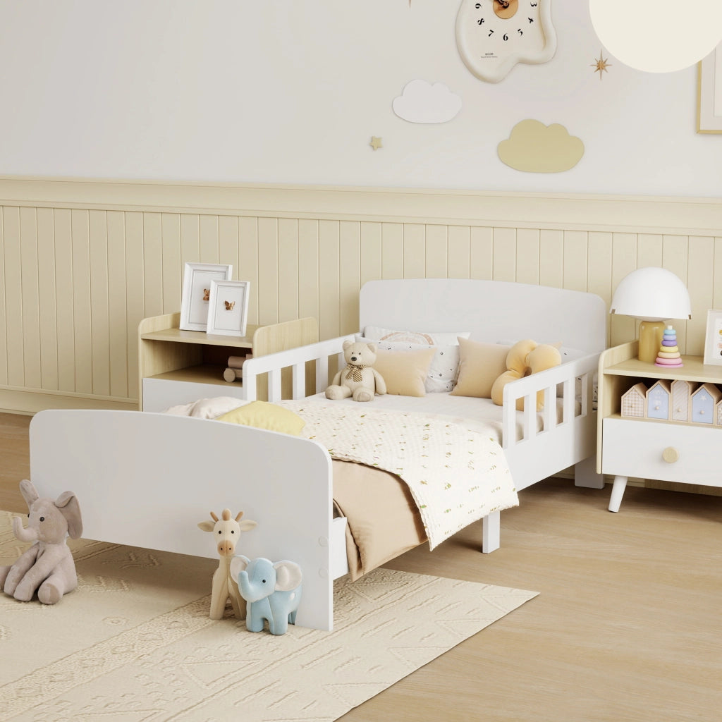 Letto per Bambini 3-8 Anni Basso con Sponde Laterali e Bordi Lisci ¨C Minimal ¨C Legno Bianco 143.5x74.2x54 cm