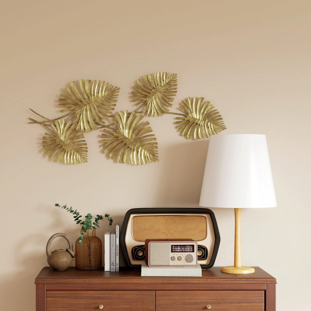 Decorazione Murale 3D 83x2,5x39 cm Wall Art Foglie di Monstera in Metallo Oro