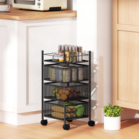 Carrello Cucina a 3 Livelli 27,5x27,5x62 cm con Cestini in Metallo Girevoli Ruote e Freno Nero