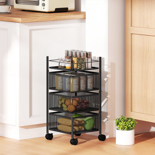 Carrello Cucina a 3 Livelli 27,5x27,5x62 cm con Cestini in Metallo Girevoli Ruote e Freno Nero