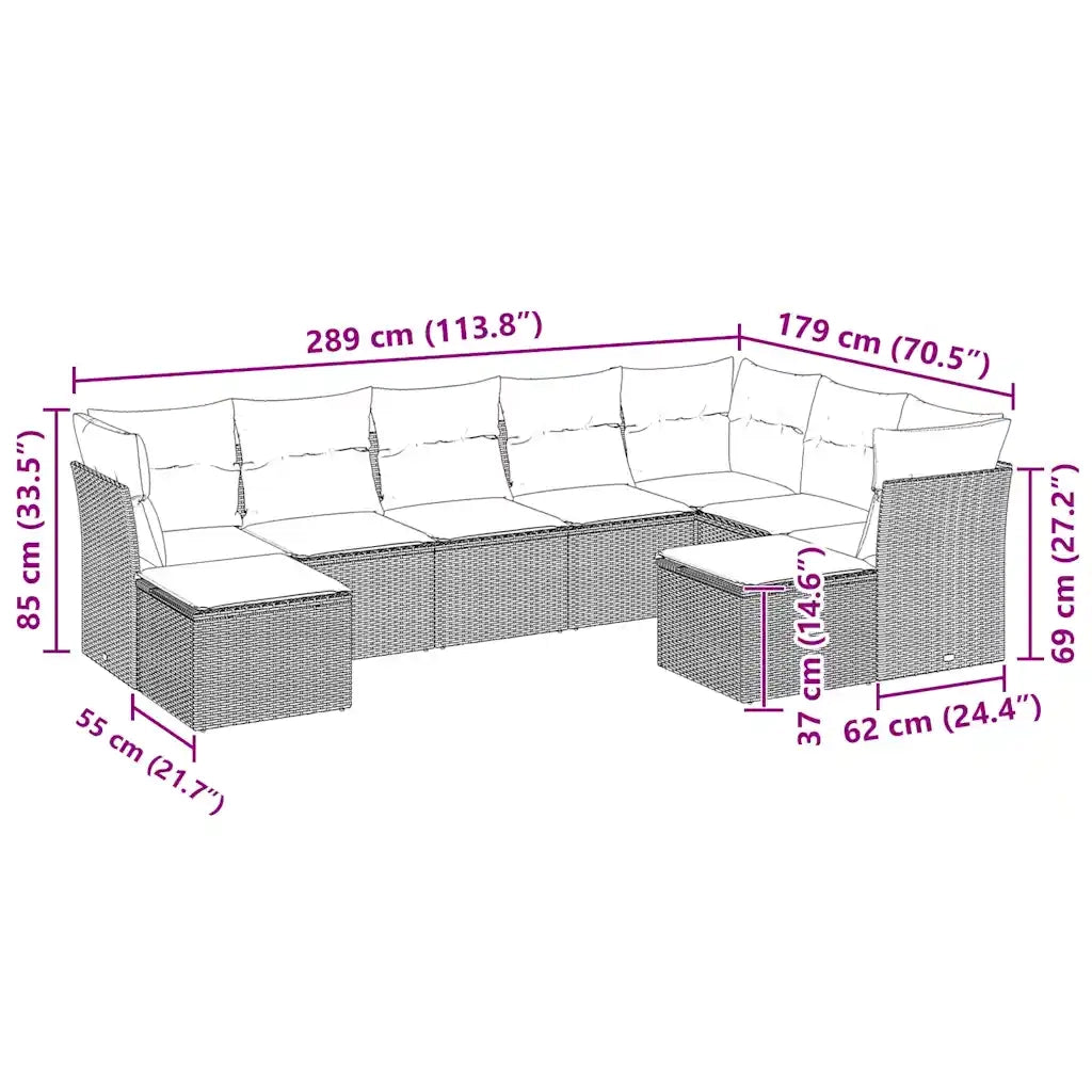 Set Divano da Giardino 9pz con Cuscini Grigio Chiaro Polyrattan 3218572