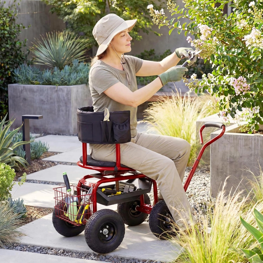 Carrello da Giardino, Sgabello con Ruote Girevole a 360°, Cuscino Imbottito, Schienale, Cestino, Tasca e Vassoio Porta Attrezzi, Carriola da Giardino e Cortile, 96 x 46 x 78-87 cm (Rosso)