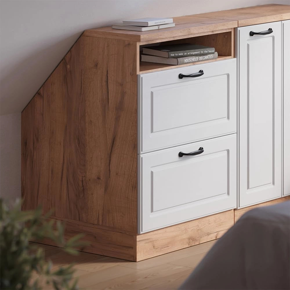 Mobile sottotetto Rion, Bianco casa di campagna, 60 x 81.6 cm con 2 cassetti, carcassa 60 cm profondità, adatto per il salvaspazio sotto tetti spioventi