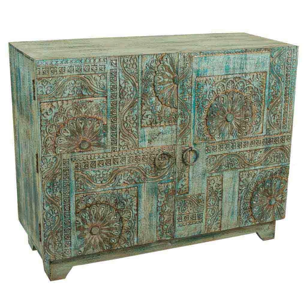 Mueble de entrada in legno intagliato blu 99x40x80