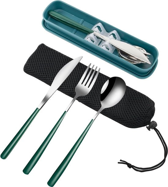 Set di cucito da viaggio portatile 3 pezzi con valigetta 18/8 acciaio inossidabile set di cucito riciclabile con forchetta cucchiaio coltello per la pausa pranzo, viaggi, campeggio, scuola, lavoro, picnic (verde scuro)