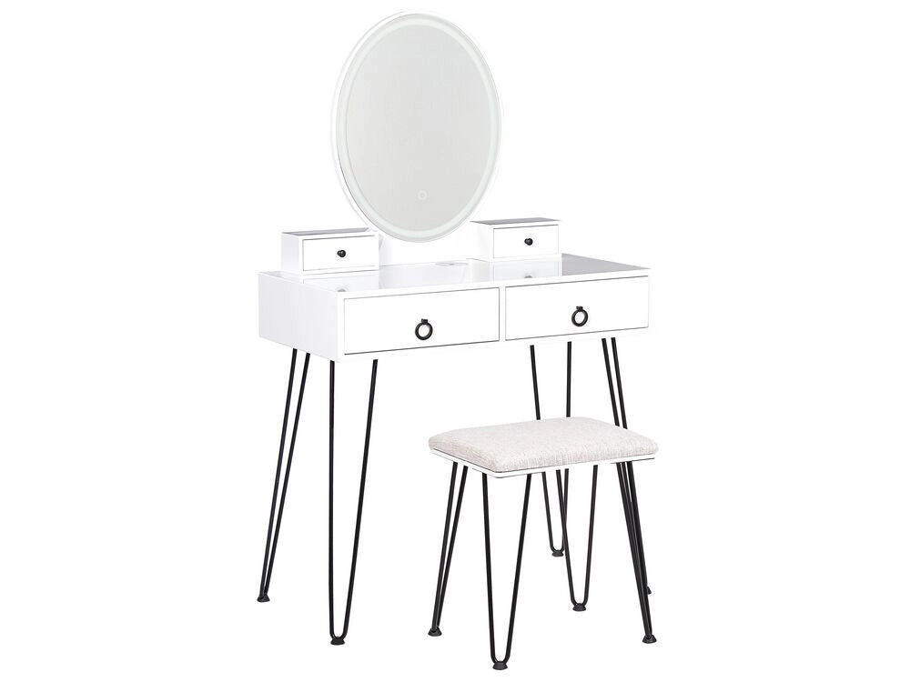 Toeletta con 4 cassetti specchio LED bianco e nero e sgabello camera da letto elegante