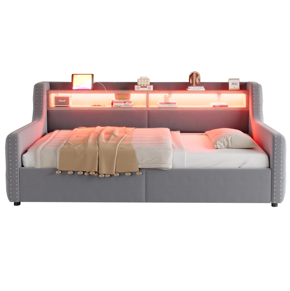 Divano letto imbottito 90x200 cm in velluto grigio chiaro con contenitore; LED e prese