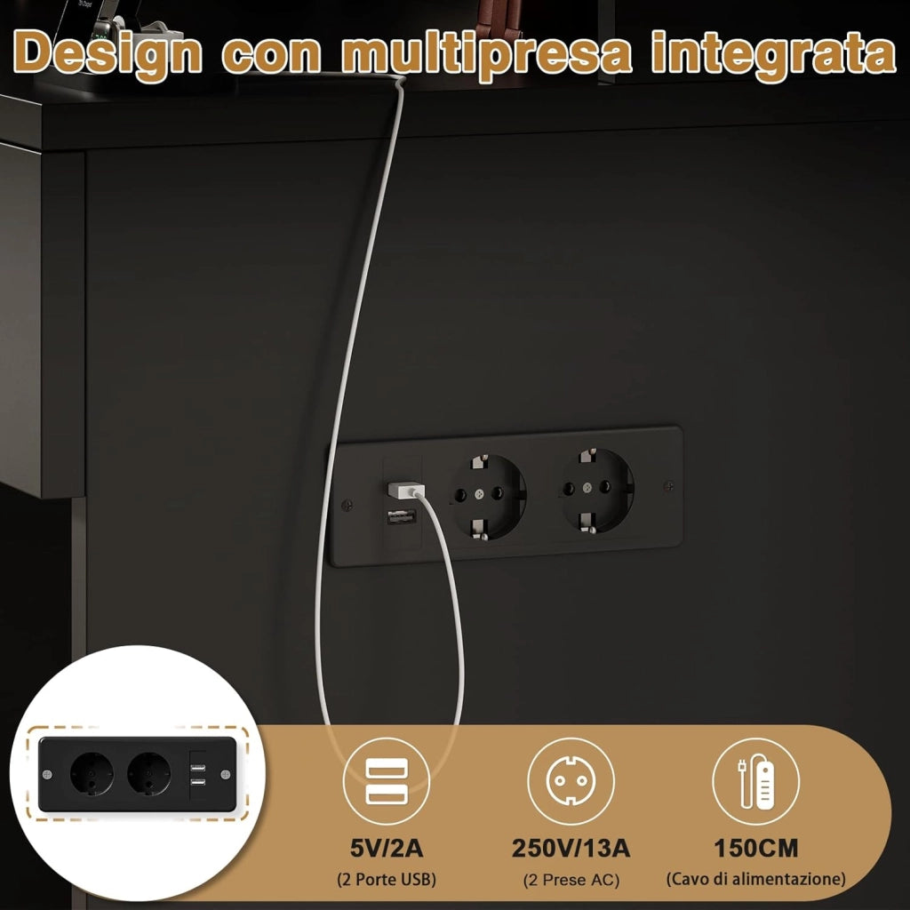 Tavolo da Trucco con Luci e Specchio, 55 x 45 cm, Comodino Moderno con Presa e Porte USB, 2 Cassetti e Scatola Laterale Regolabile, Mobile per il Make-up da Camera (Nero)