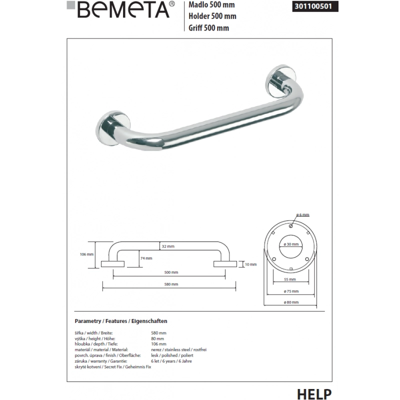 HELP 500 Maniglione per doccia in acciaio inox 58x8x10,6 cm
