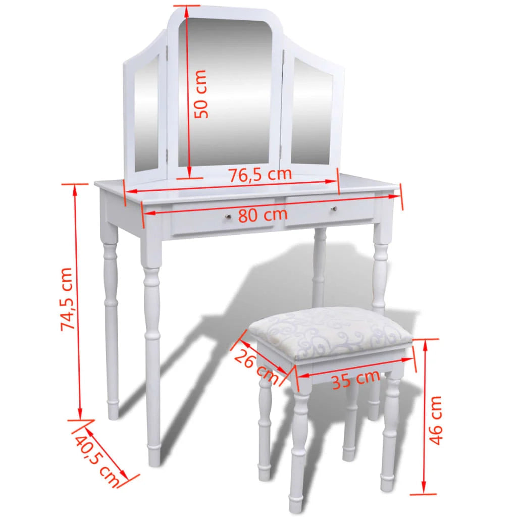Toeletta dal design contemporaneo tavolo da trucco mobile da camera da letto con specchio e sgabello 80 x 40,5 x 74,5 cm 2 cassetti bianco 02_0021276